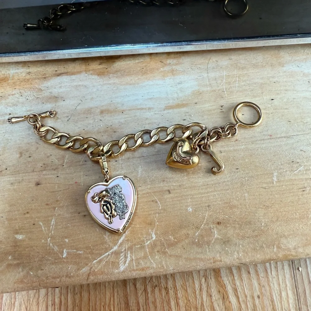 Juicy Couture Gold Toggle Bracelet with Pink Gemini Heart Charms - Picture 5 of 5